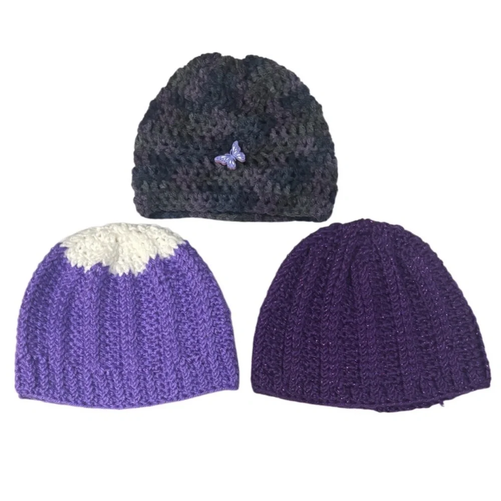 Girl’s Handmade Crochet Beanies Textured Sweater Knit Butterfly Metallic Purple